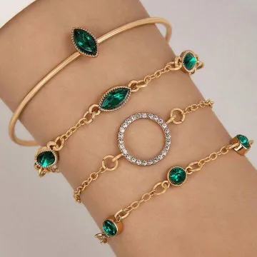 Vintage Geometric Green Stone Multilayer Bracelet Set (4 pcs)